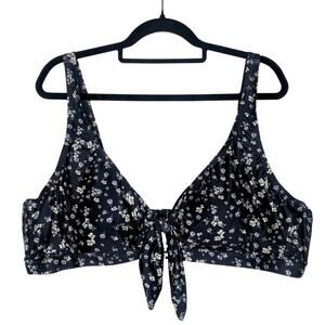 Social Angel Folk Floral Tie Front Bikini Top Black White 3X Women's Swimwear